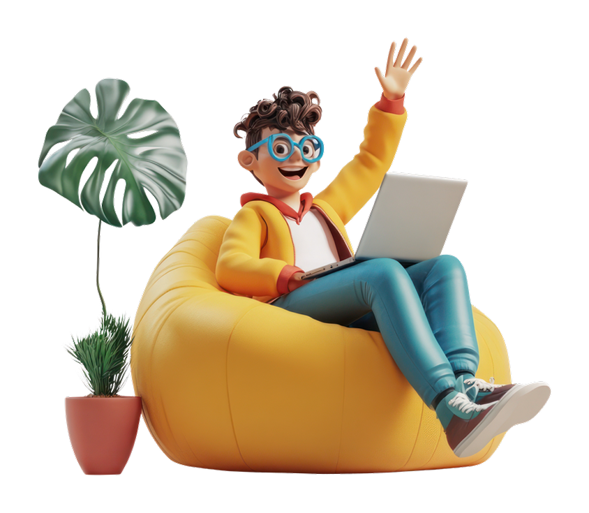 3D character with glasses and yellow jacket on beanbag